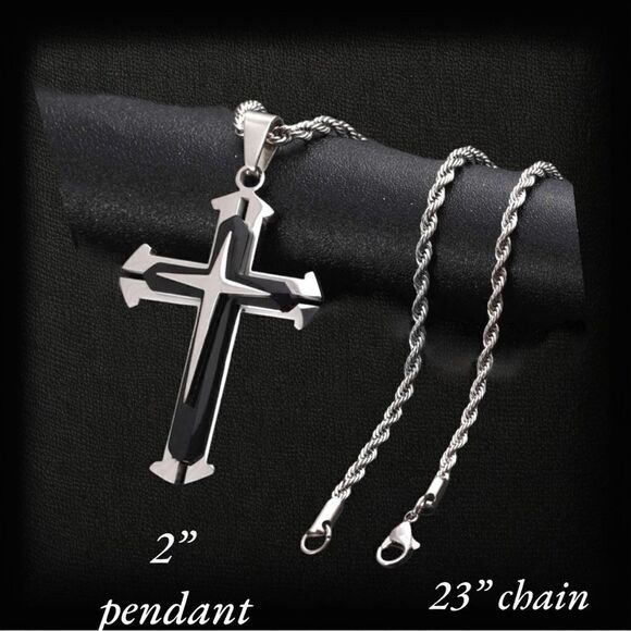 Men’s Necklace l 2” Cross Pendant l Stainless Steel l 24” Rope Chain l New - Picture 2 of 7